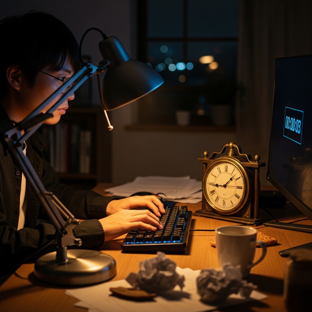 時計とパソコンの前で時間を待つ日本人の手元