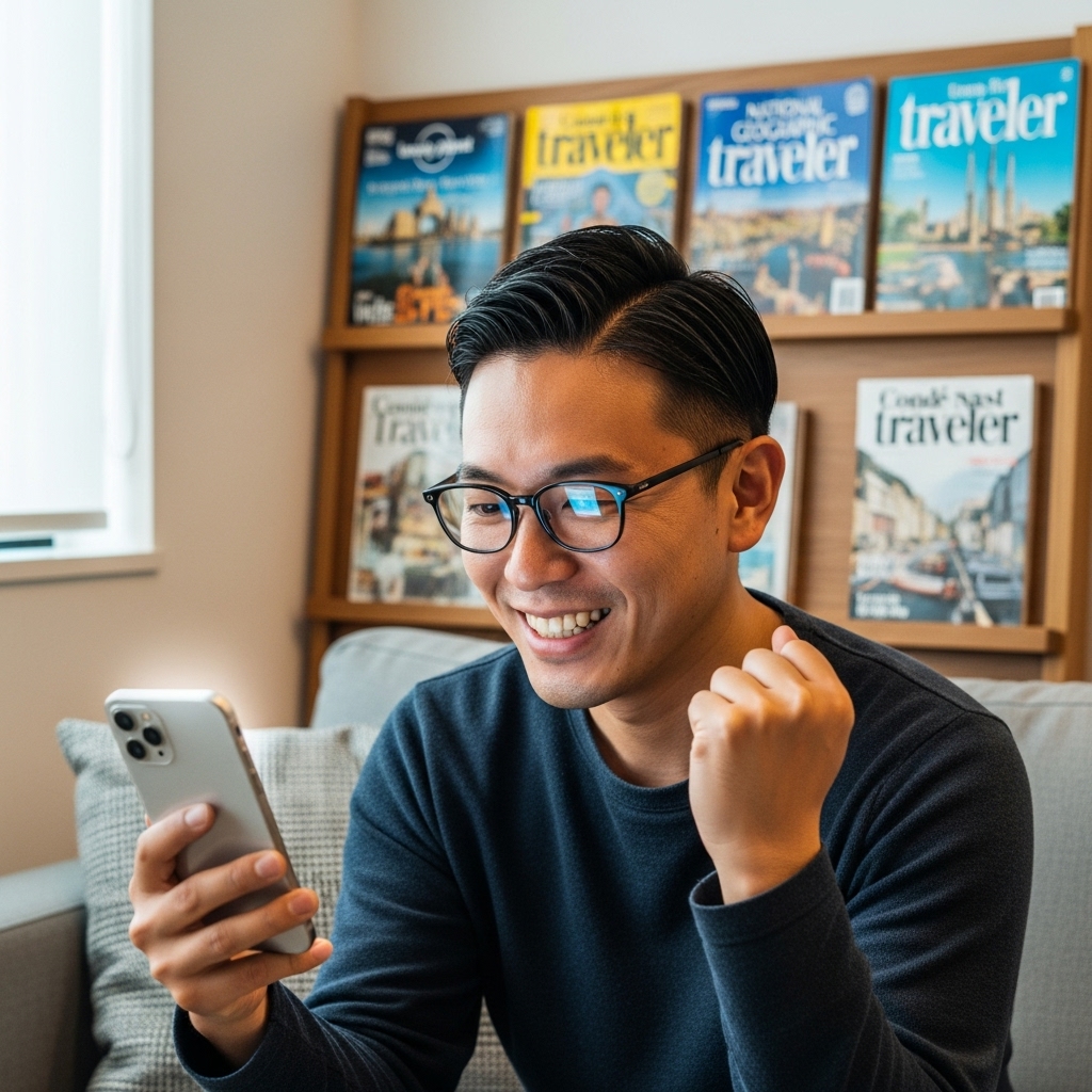 スマートフォンで旅行予約を完了し、ガッツポーズをする日本人男性。