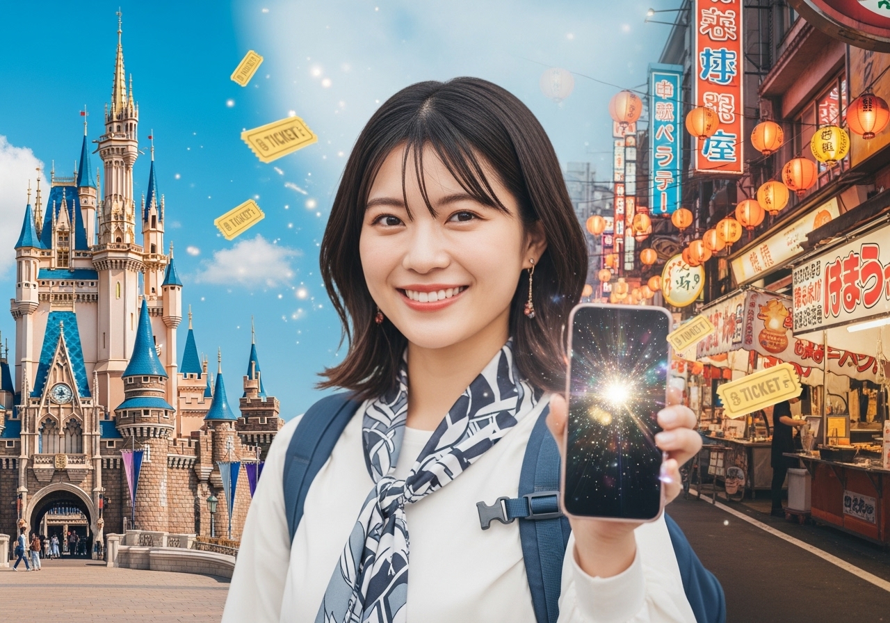 夕暮れの美しい観光地でスマートフォンを手に微笑む日本人女性旅行者