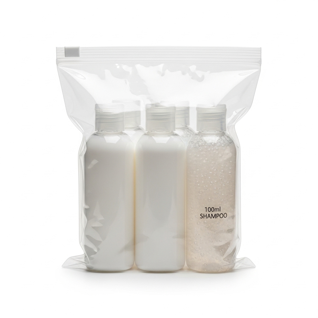 100ml以下の透明なトラベルボトル（化粧水など）が、規定のジッパー付き透明袋に入れられている様子。