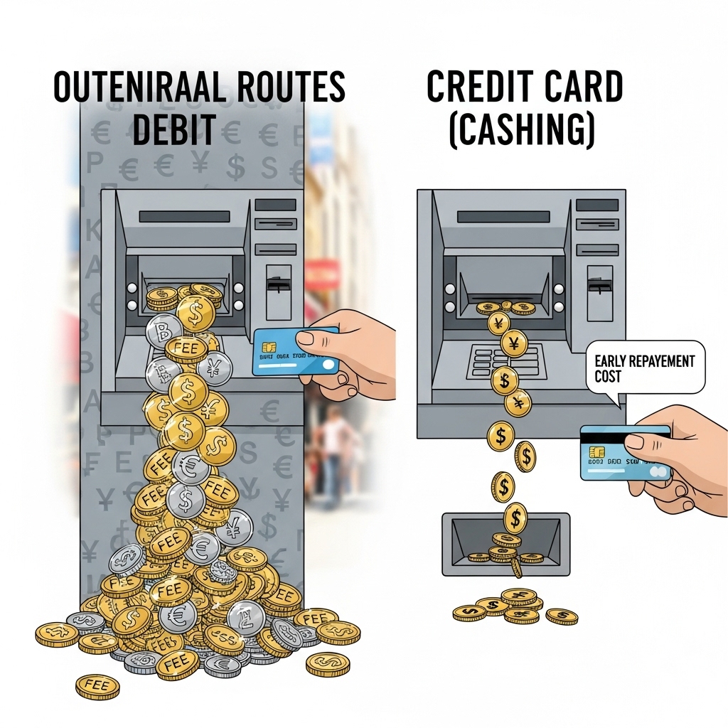 海外ATMでクレジットカードのキャッシングを使い、手数料を節約するイメージ。