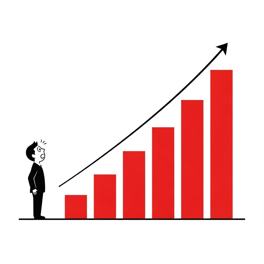 海外事務手数料が上昇するグラフと、驚く日本人旅行者。