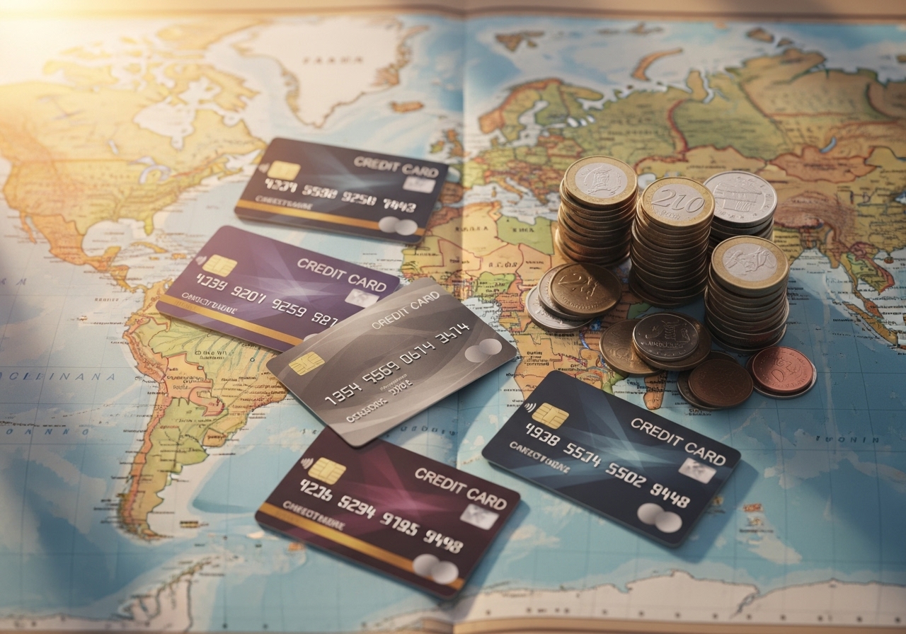 世界地図の上に置かれたクレジットカードと積み重なったコイン、賢い海外決済戦略のイメージ。