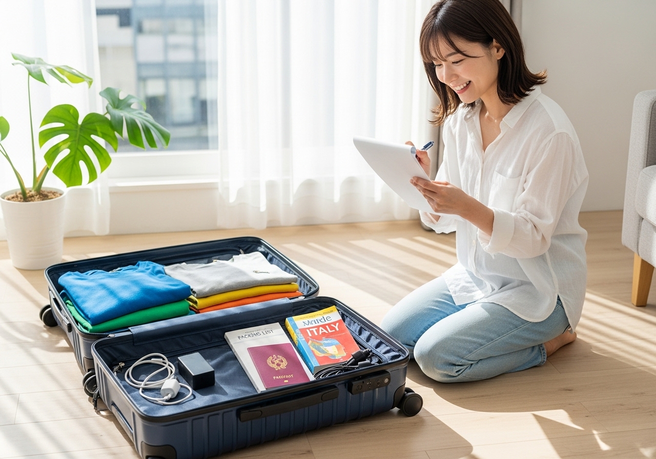 1週間の海外旅行の準備で、適切な大きさのスーツケースを選び、荷造りをしている日本人の様子。