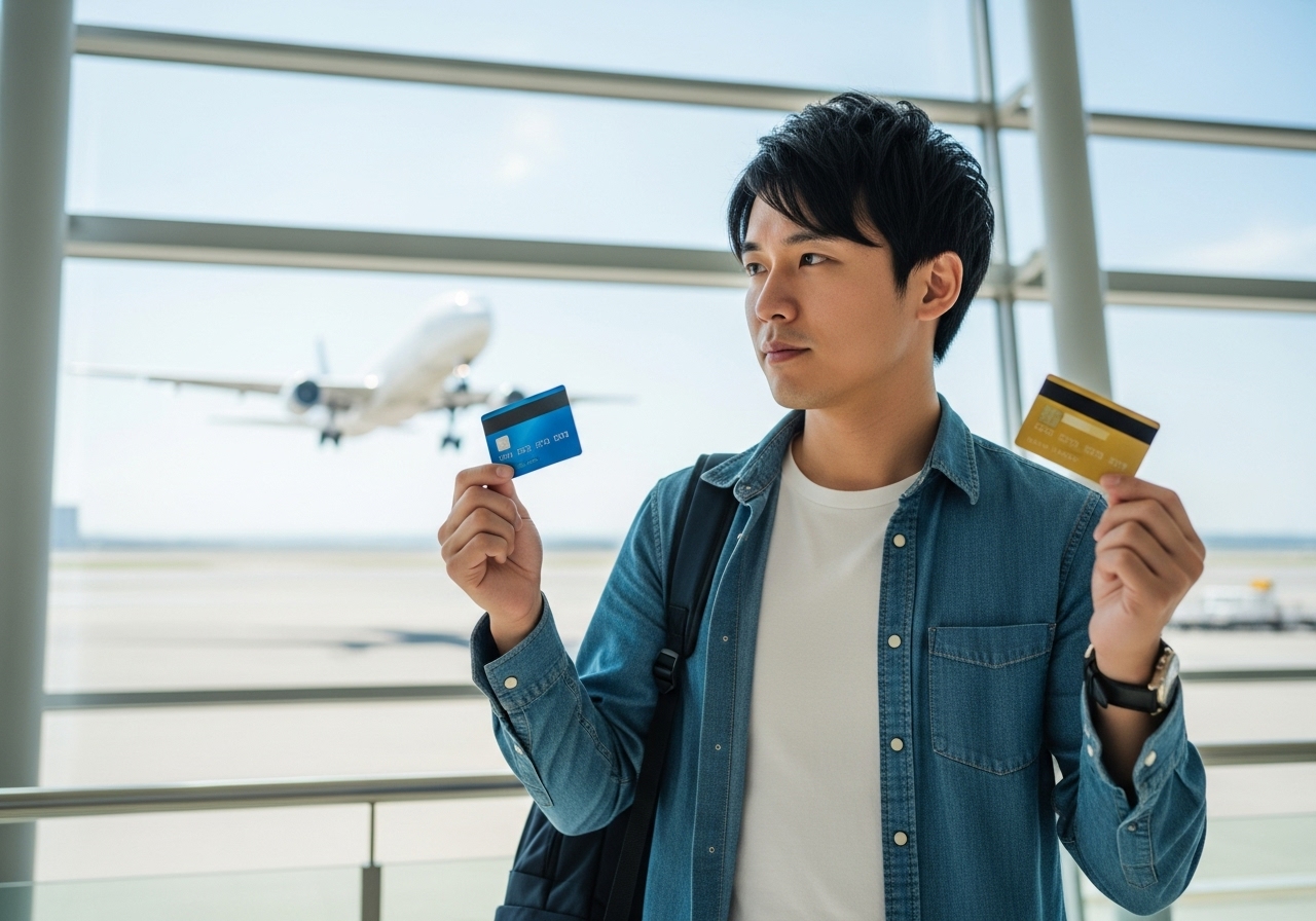 海外旅行の準備でデビットカードとクレジットカードを比較検討する日本人旅行者。