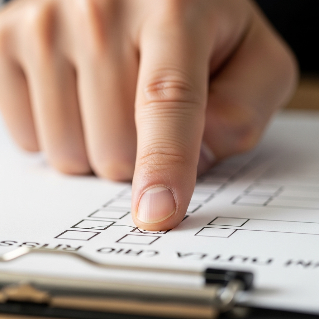 チェックリスト（文字なし）に指差し確認をしている日本人の手元のクローズアップ。