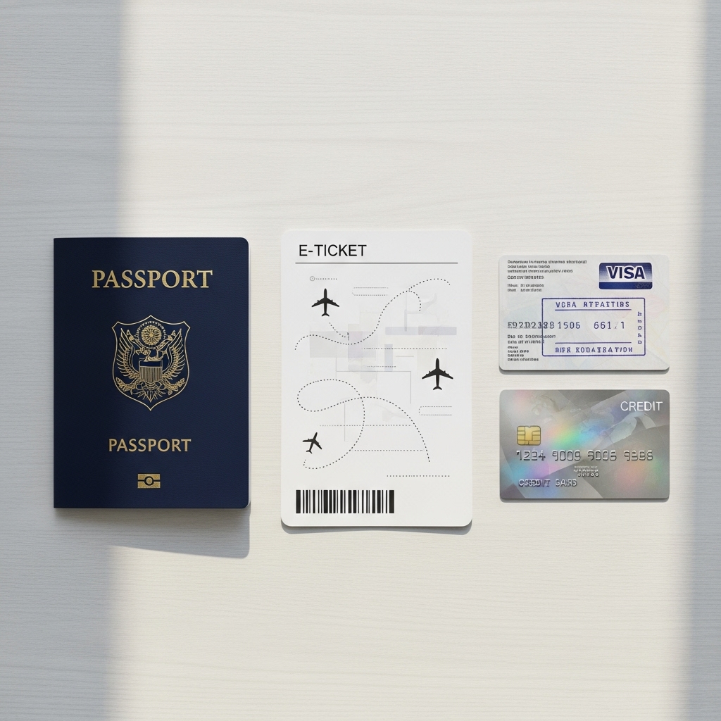 海外旅行の基本的な必需品であるパスポート、航空券、クレジットカードが並べられた様子。
