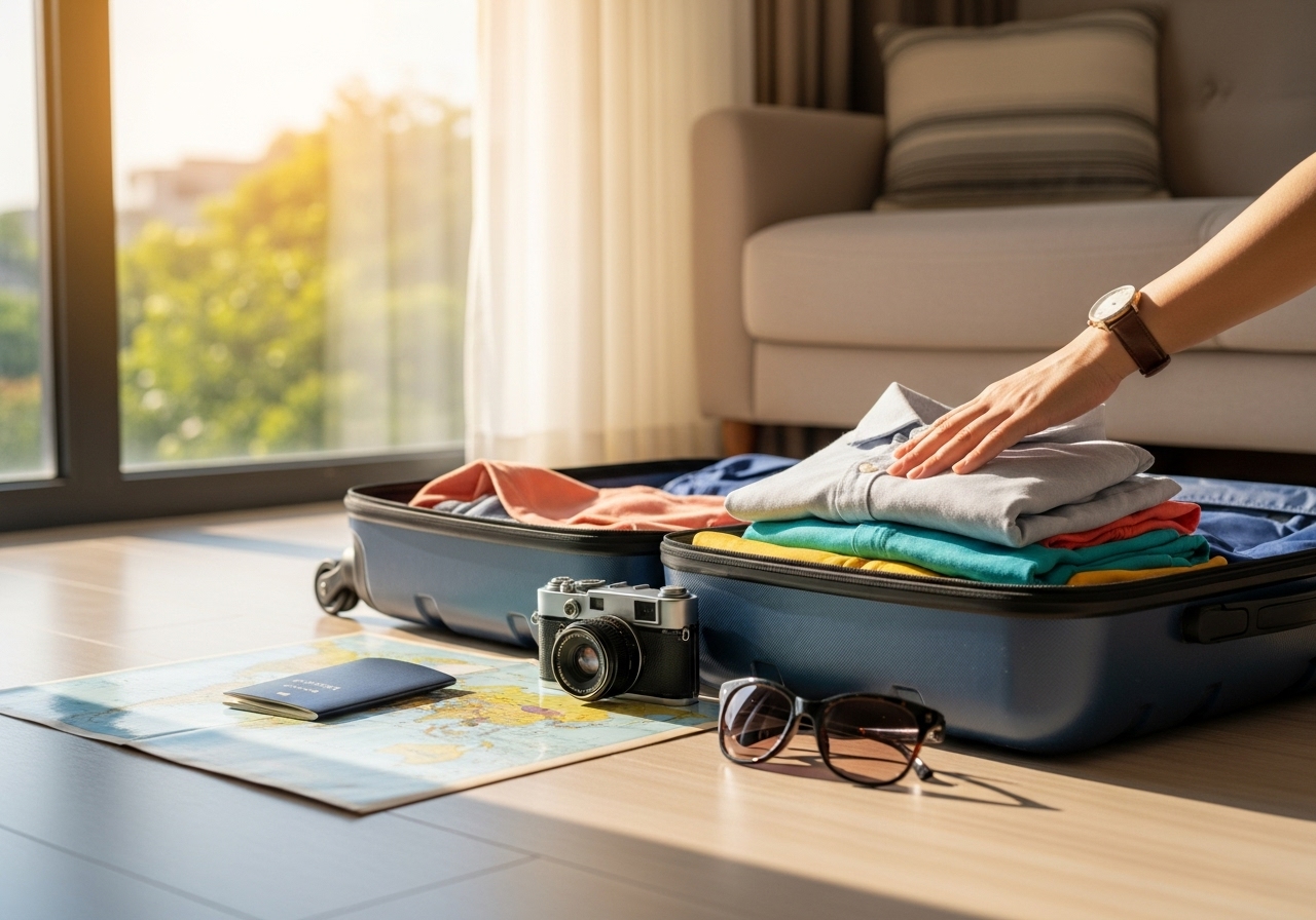 海外旅行の必需品（パスポート、スーツケース、カメラ）が旅行カバンの上に準備されている様子。