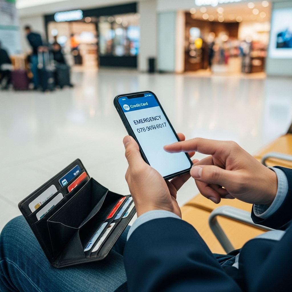 海外旅行中にクレジットカード紛失の緊急事態に直面し、焦ってスマートフォンを操作している日本人旅行者の手元。