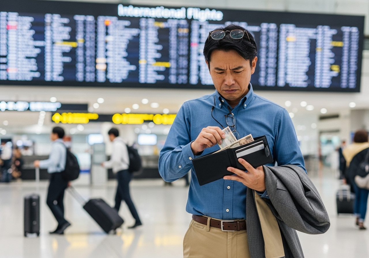 海外の空港で、開いた財布（クレジットカードが無い）を見て困惑する日本人旅行者。
