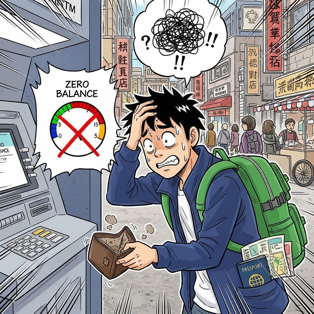 デビットカードの口座残高がゼロになり困っている日本人旅行者。