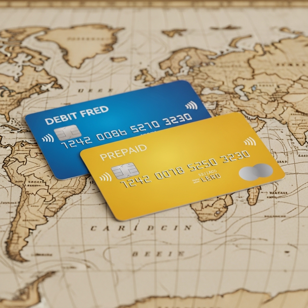 世界地図の上に置かれたデビットカードとプリペイドカード。