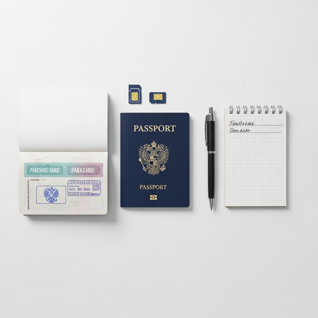 重要ポイントを総括する旅支度一式の俯瞰。机上にクレジットカード、パスポート、SIM、ペン、メモ。