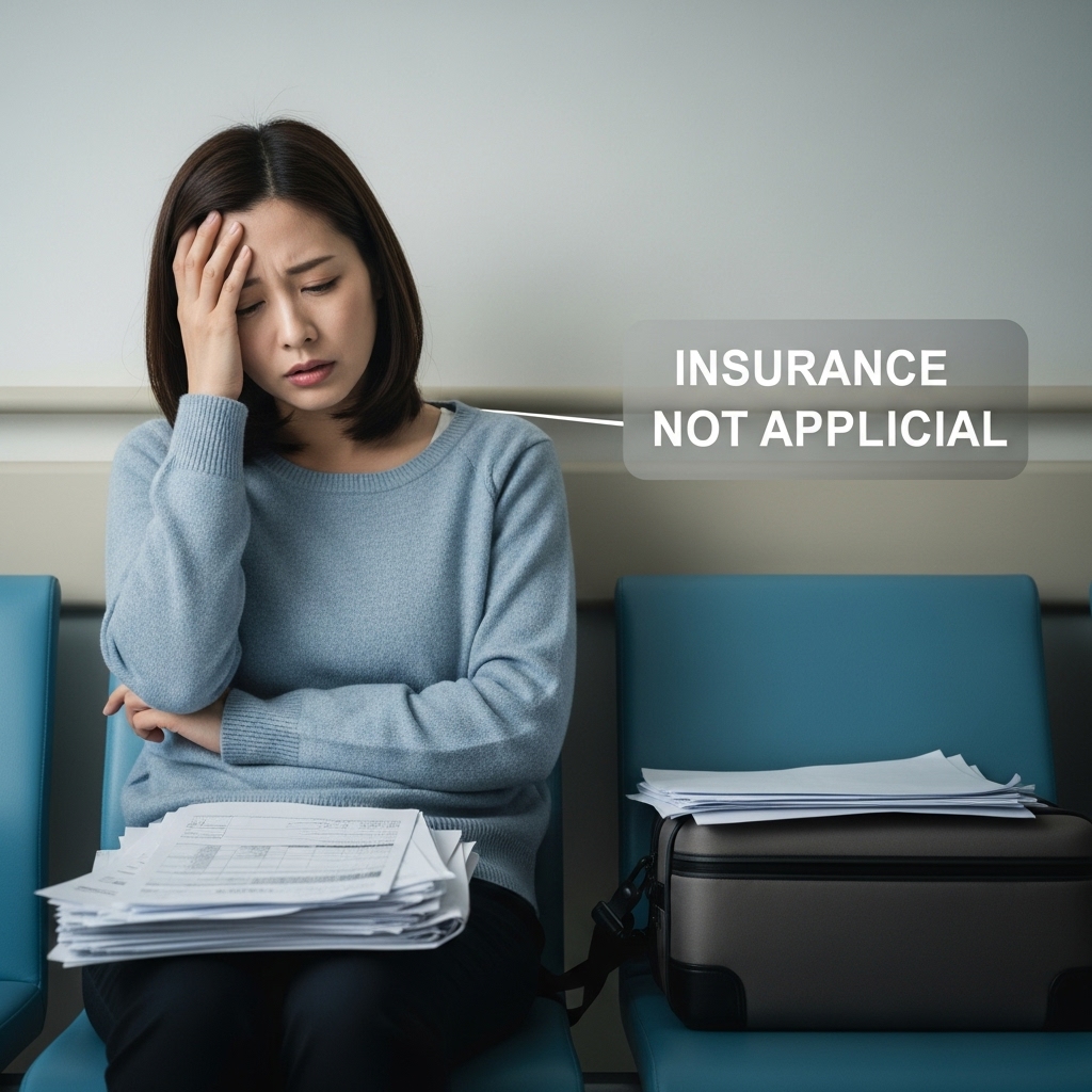 デビットカードの「利用付帯」保険が適用されず、病院待合スペースで無保険状態になる日本人旅行者のイメージ。