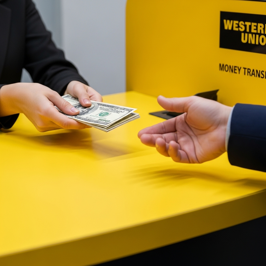 海外送金サービスの窓口で現地通貨(現金)を受け取っている手元。