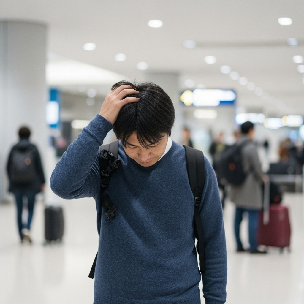 後悔や「しまった」という表情（顔は見えない）で頭を抱える日本人旅行者のイメージ。