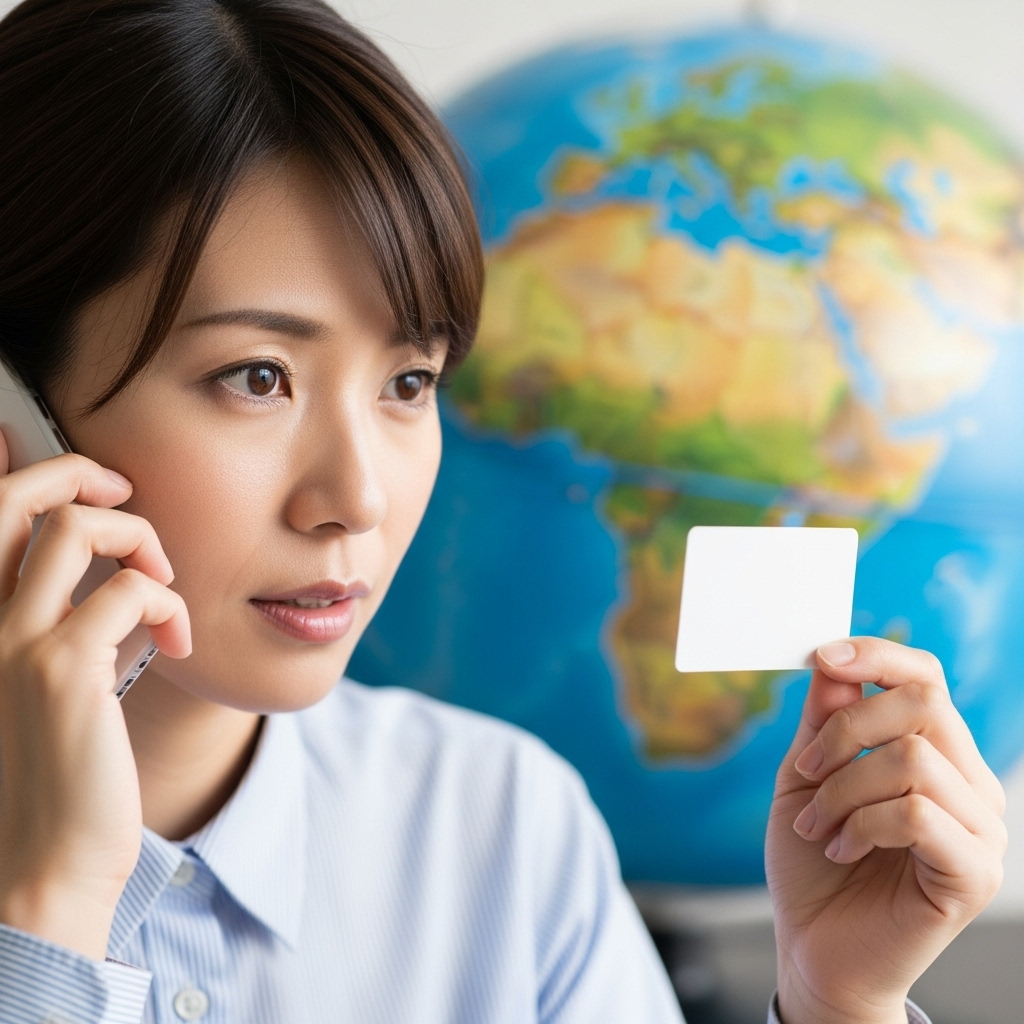 紛失時の対応を示す、停止中のカードを手に電話する日本人