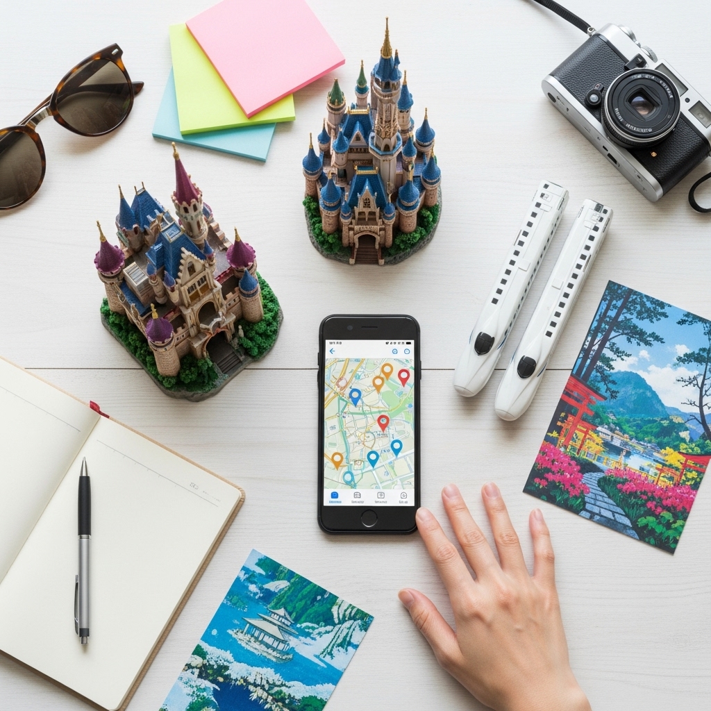 テーブルの上で旅行グッズやスマホを見ながら行き先を選んでいる日本人の手元