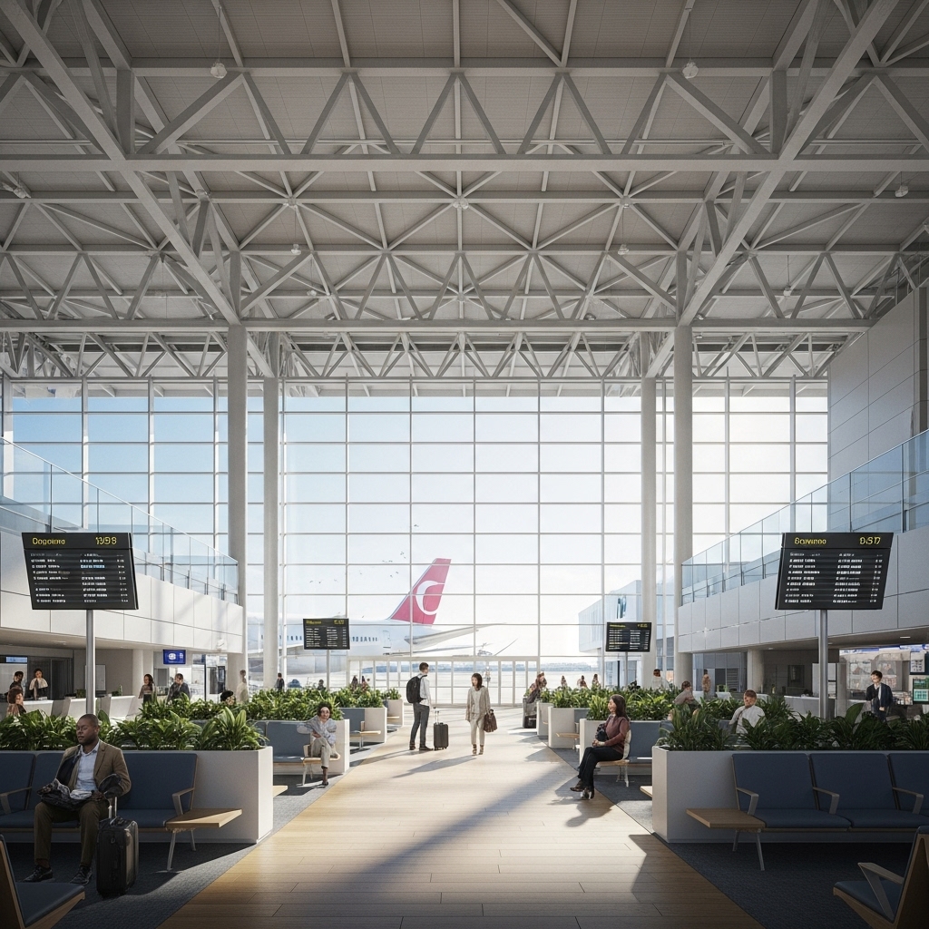 関西国際空港や中部国際空港をイメージした、モダンな空港の出発ロビー。窓の外には飛行機が見える。