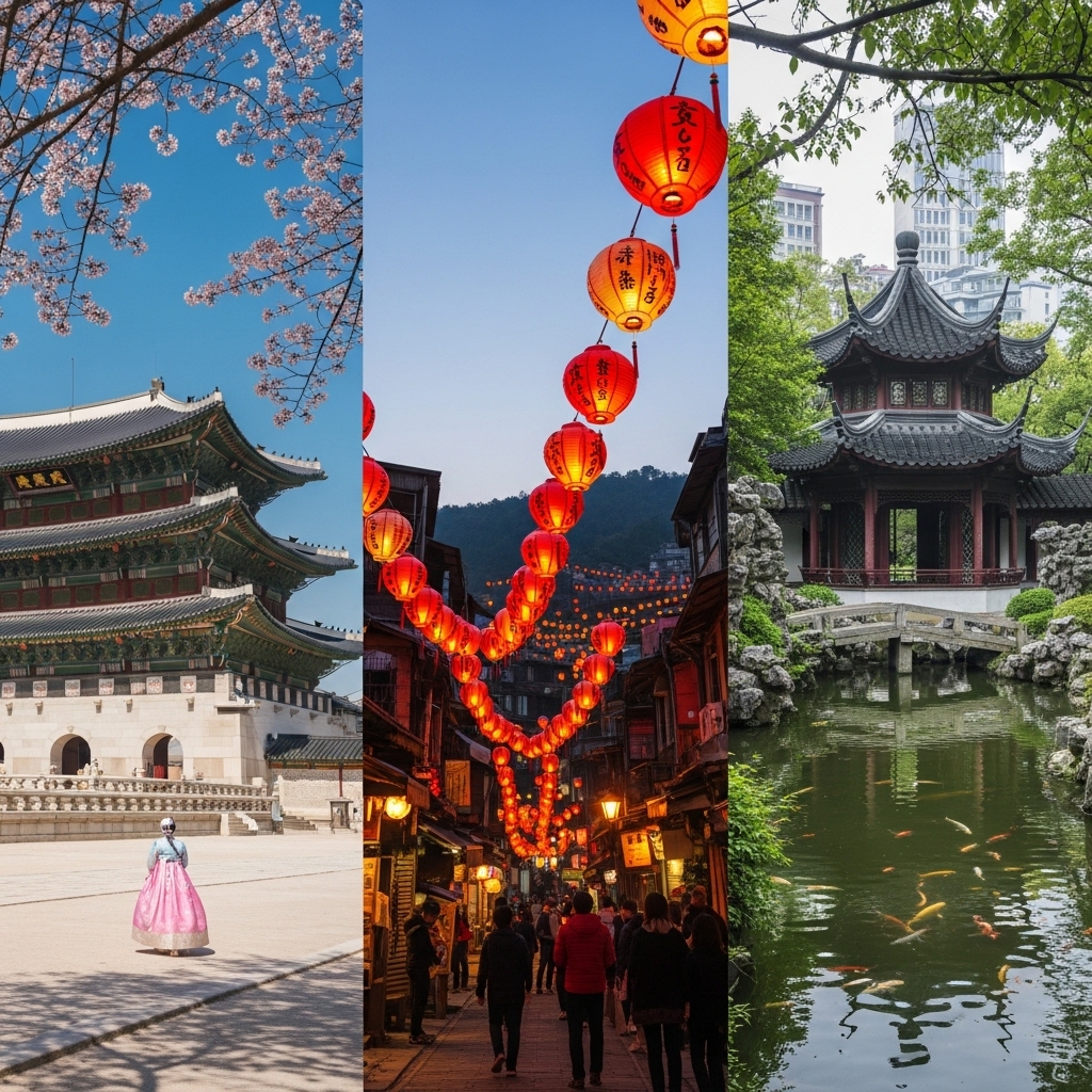 アジアの旅行先(韓国の宮殿、台湾のランタン、中国の庭園)を3分割でコラージュした画像。