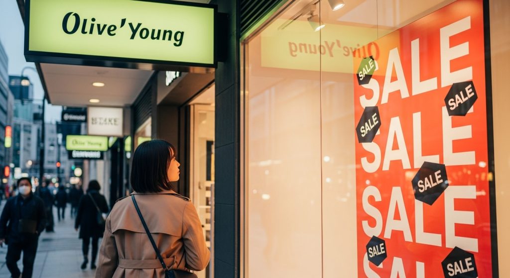 韓国オリーブヤングのセール時期を示す店舗のイメージ。