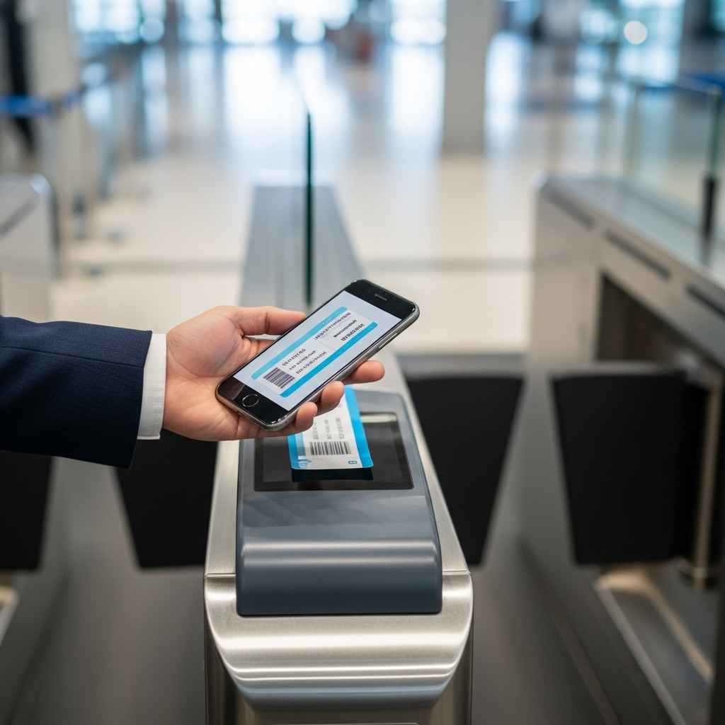 空港の保安検査場でスマートフォンをかざしてタッチ&ゴーをする日本人男性