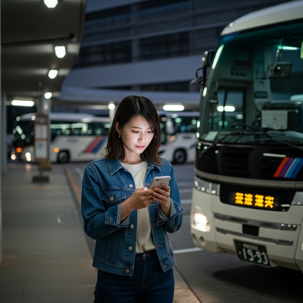 夜のバスターミナルでスマートフォンを確認しながらバスを待つ日本人女性