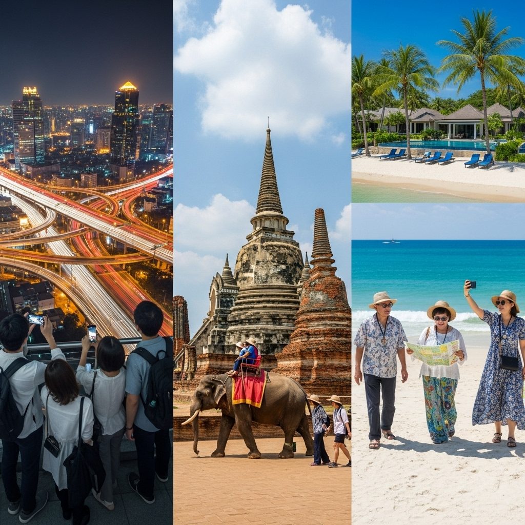 タイ観光 多様性 バンコク夜景 アユタヤ遺跡 プーケットビーチ 合成写真