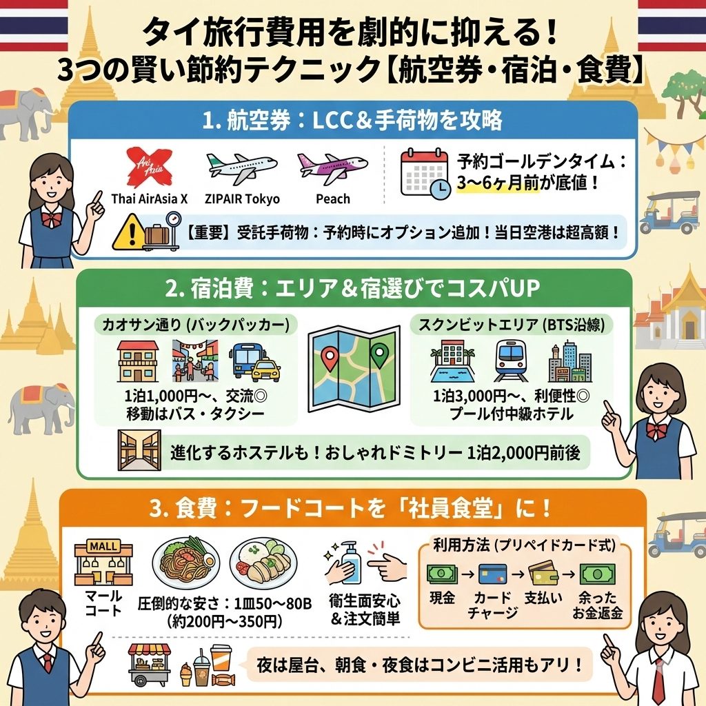 旅費を劇的に抑える3つの方法【航空券・宿泊・食費】を、イラスト図解で分かりやすく解説