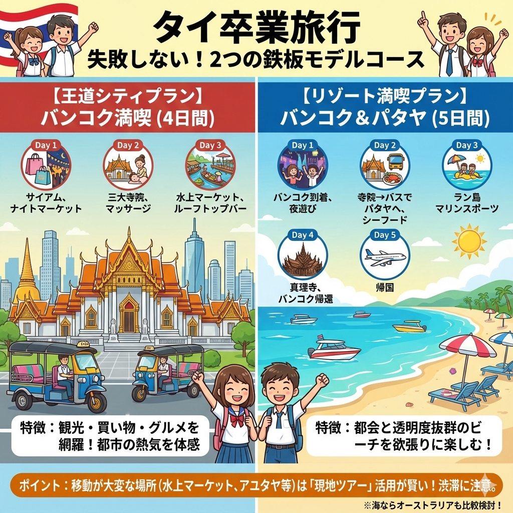 卒業旅 タイ 目的別モデルコースとおすすめプランを、イラスト図解で分かりやすく解説