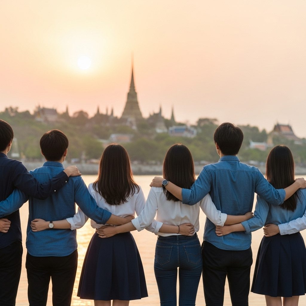 卒業旅行 タイ 夕暮れ 友情 日本人グループ 後ろ姿 写真