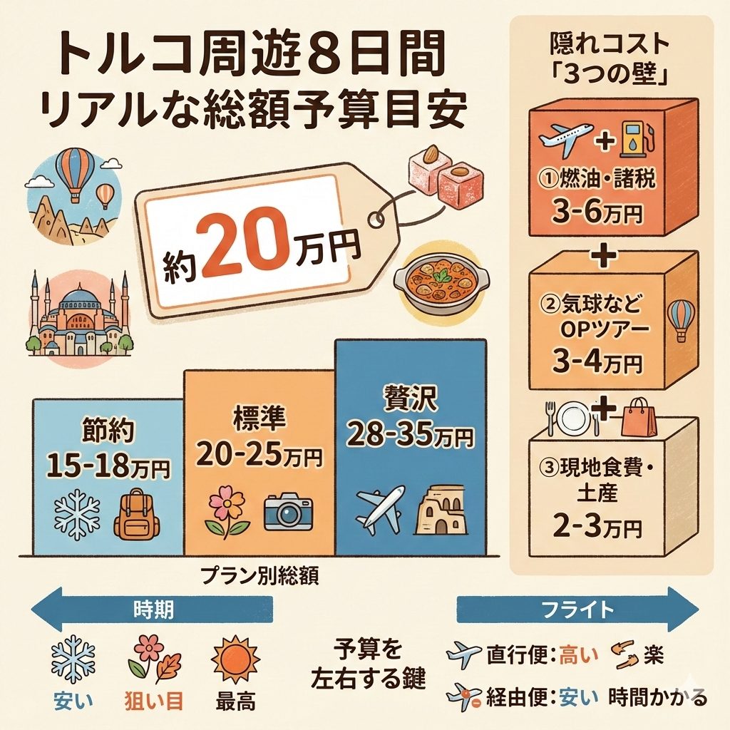 総額予算のリアルな目安【周遊ツアー・8日間】を、イラスト図解で分かりやすく解説