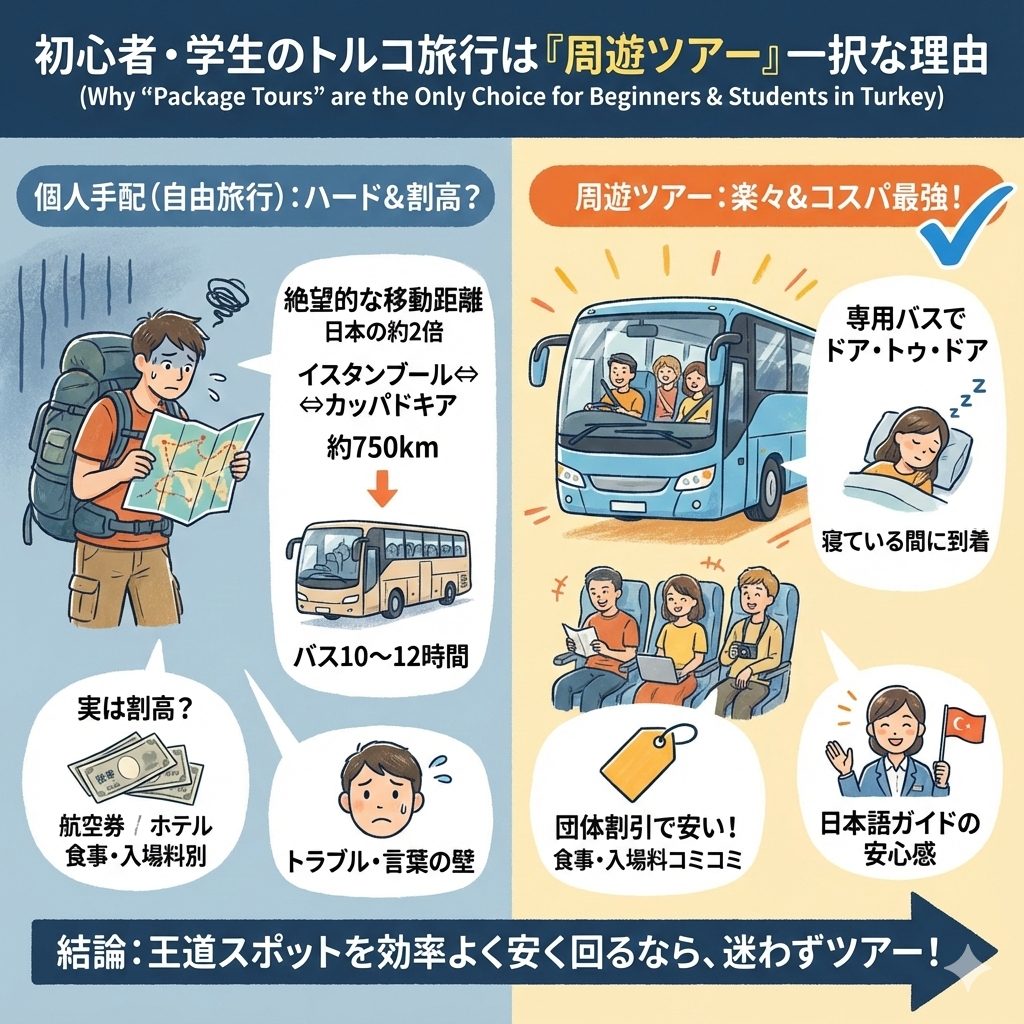 初心者・学生は「格安周遊ツアー」一択である明確な理由を、イラスト図解で分かりやすく解説