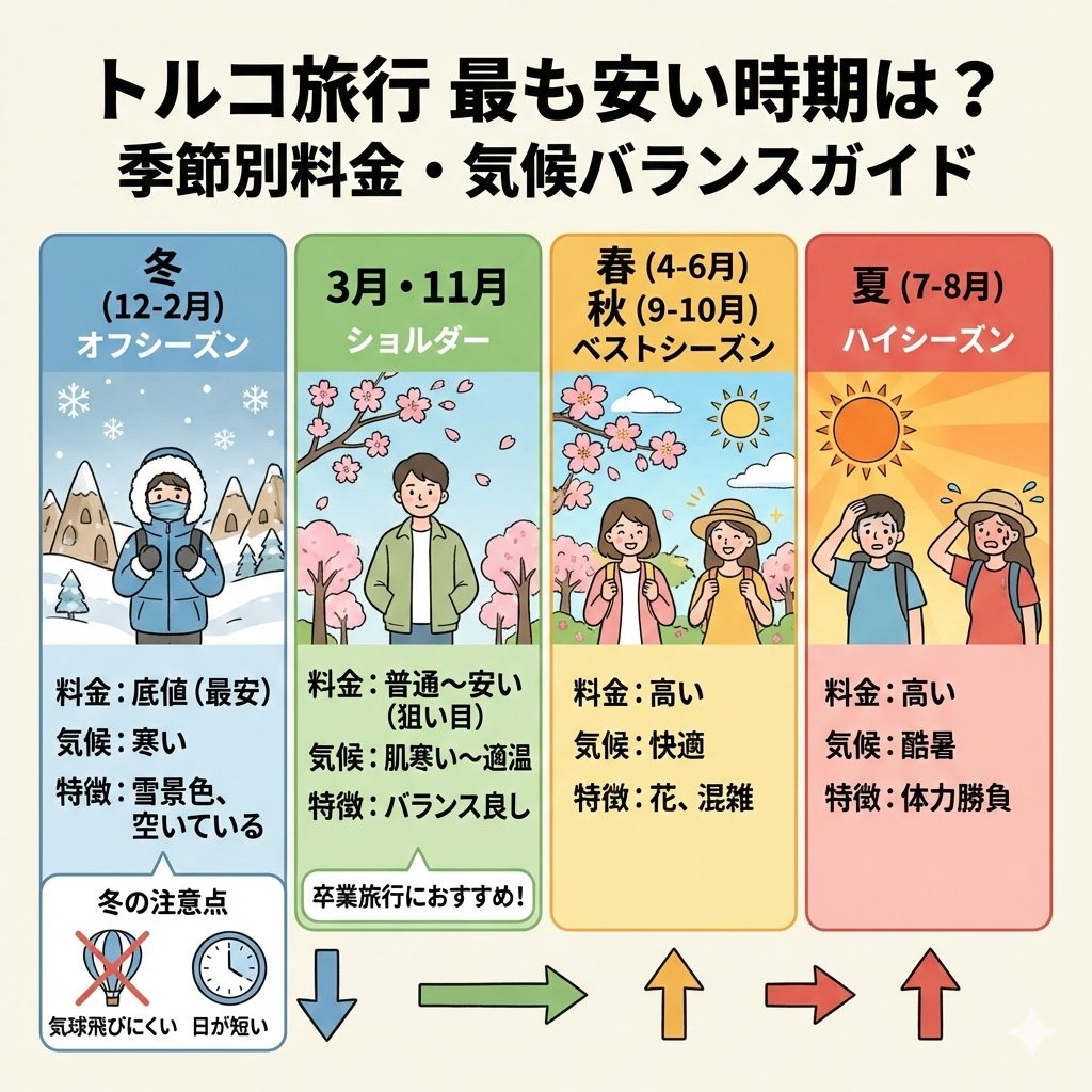 トルコ旅行が最も安い時期とは?を、イラスト図解で分かりやすく解説