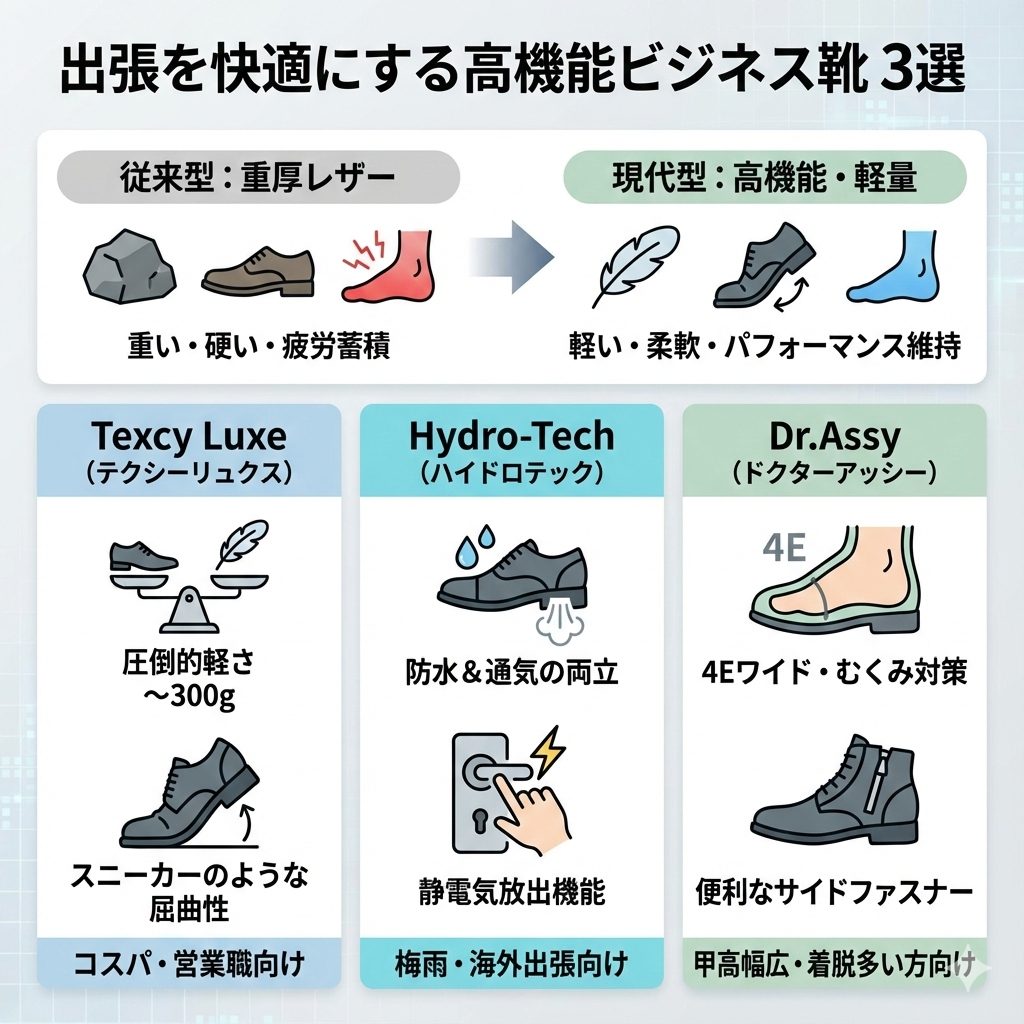 出張の靴でメンズにおすすめな高機能ビジネス靴を、イラスト図解で分かりやすく解説