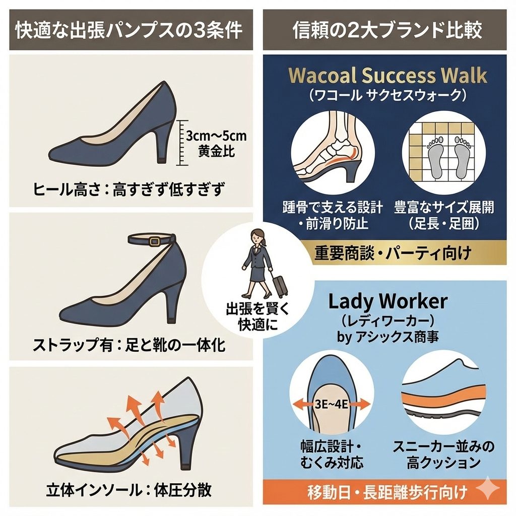出張の靴でレディースにおすすめなパンプスを、イラスト図解で分かりやすく解説