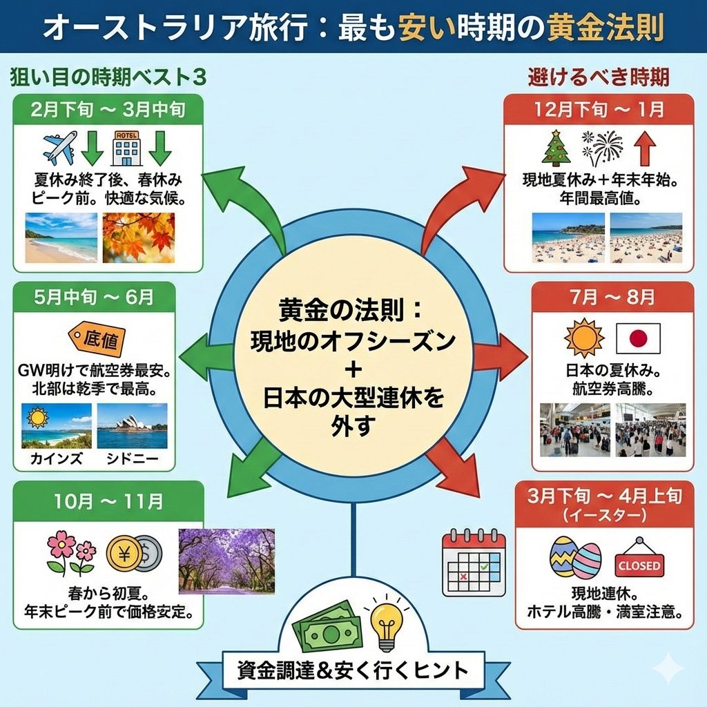 オーストラリア旅行が最も安い時期とは?をイラストで分かりやすく解説