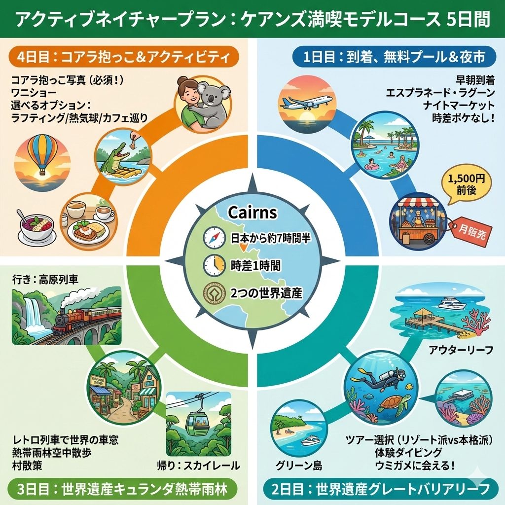 【アクティブネイチャープラン】ケアンズ満喫モデルコース(5日間)を、イラスト図解で分かりやすく解説