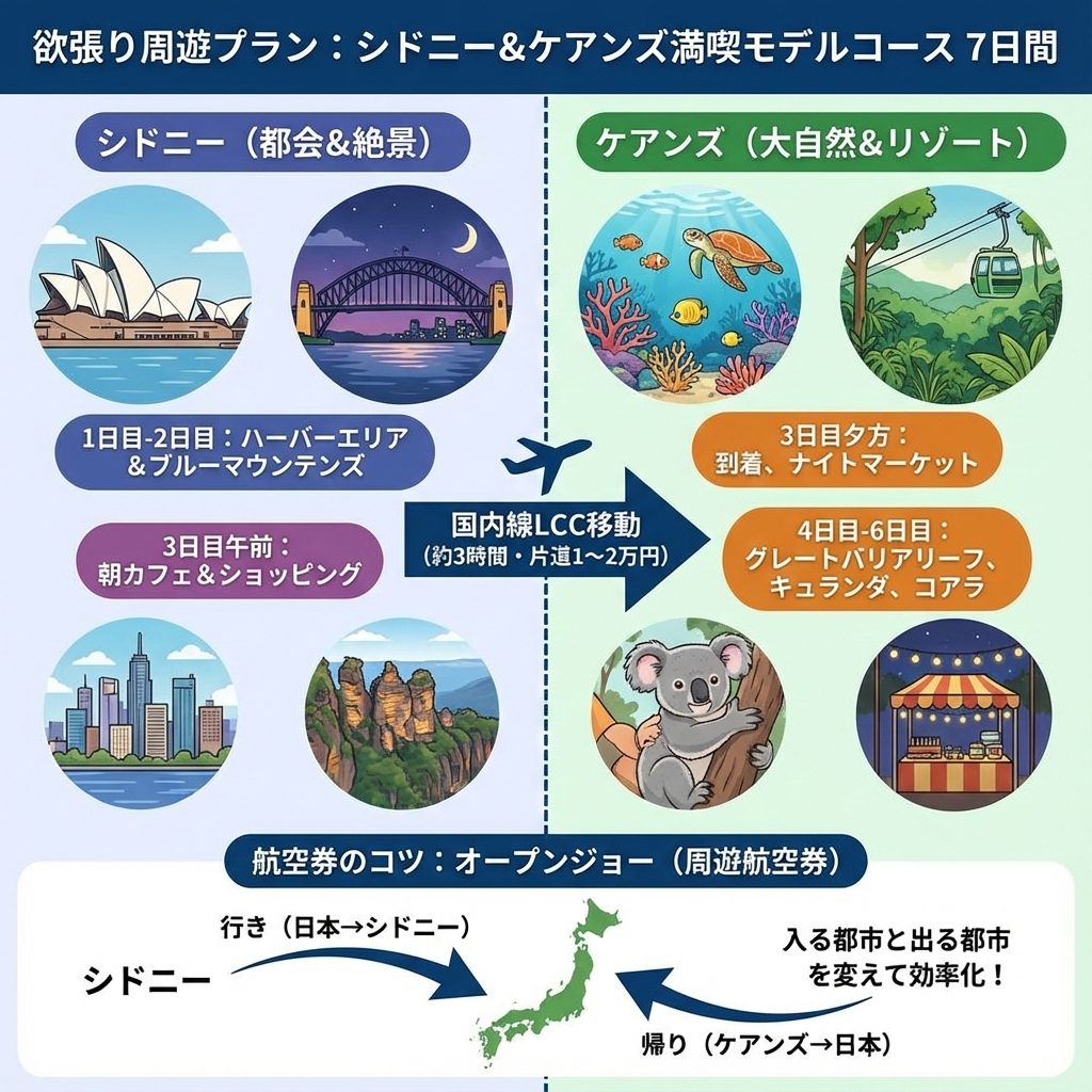 【欲張り周遊プラン】シドニー&ケアンズ満喫モデルコース(7日間以上)を、イラスト図解で分かりやすく解説