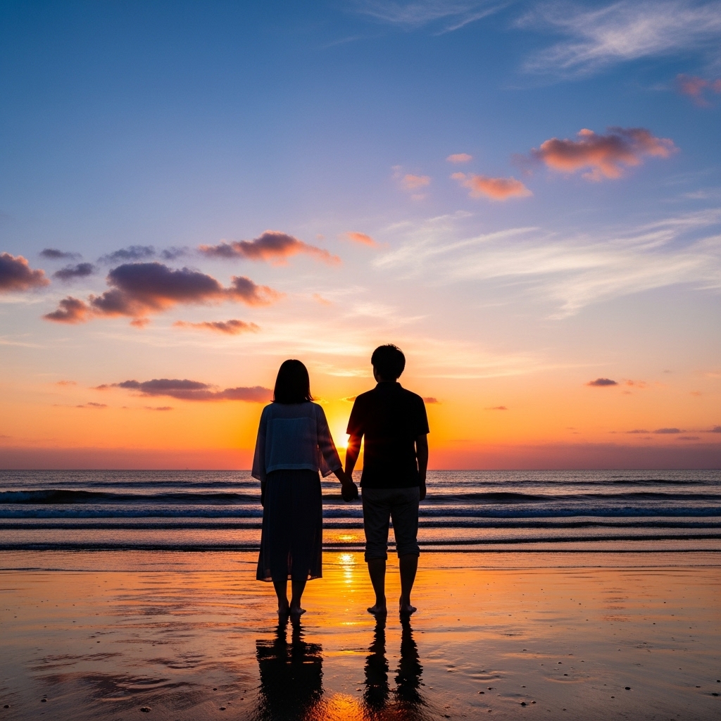 卒業旅行 カップル 思い出 夕日 シルエット
